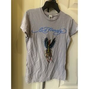 Vintage "ED HARDY" BY CHRISTIAN AUDIGIER. Gray T-Shirt Women's Size S USA MADE